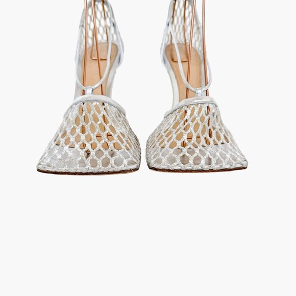 Bottega Veneta Stretch Lace-Up Sandals EU 37.5 7.5 Silver Mesh Fishnet High Heel - Picture 11 of 15